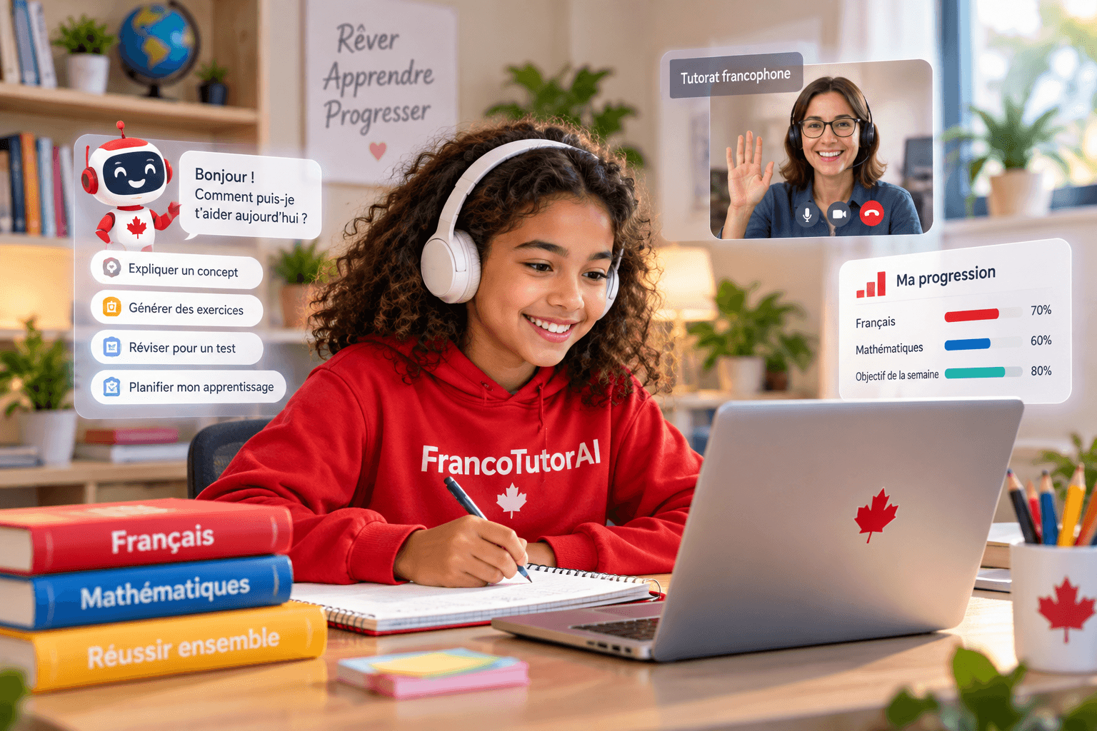 Élève utilisant FrancoTutorAI avec le soutien d’un tuteur francophone et d’outils pédagogiques numériques